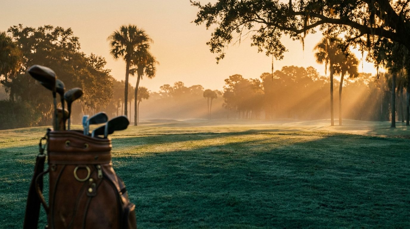 Sunrise over a quiet Florida golf fairway, with a leather golf bag at the edge of the frame