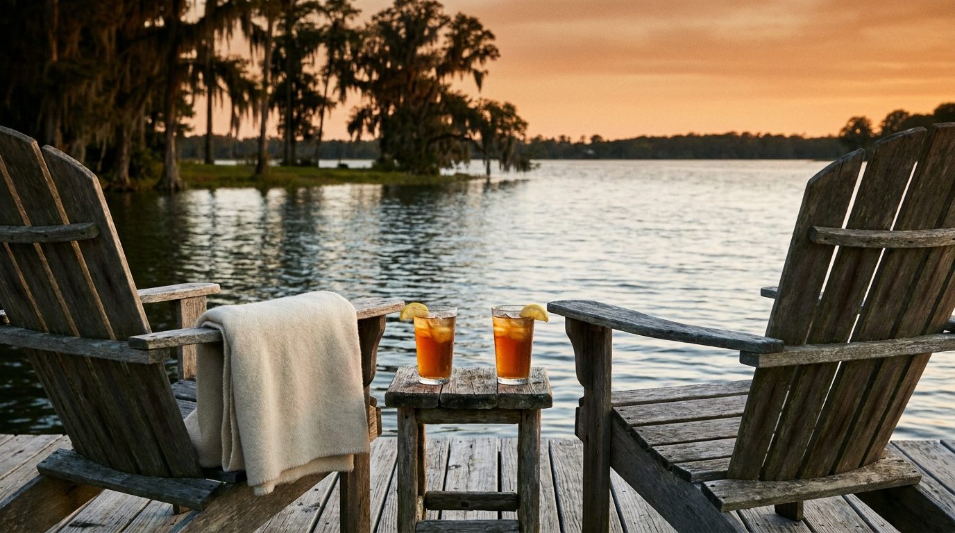 Two Adirondack chairs side by side on a lakeside dock at sunset